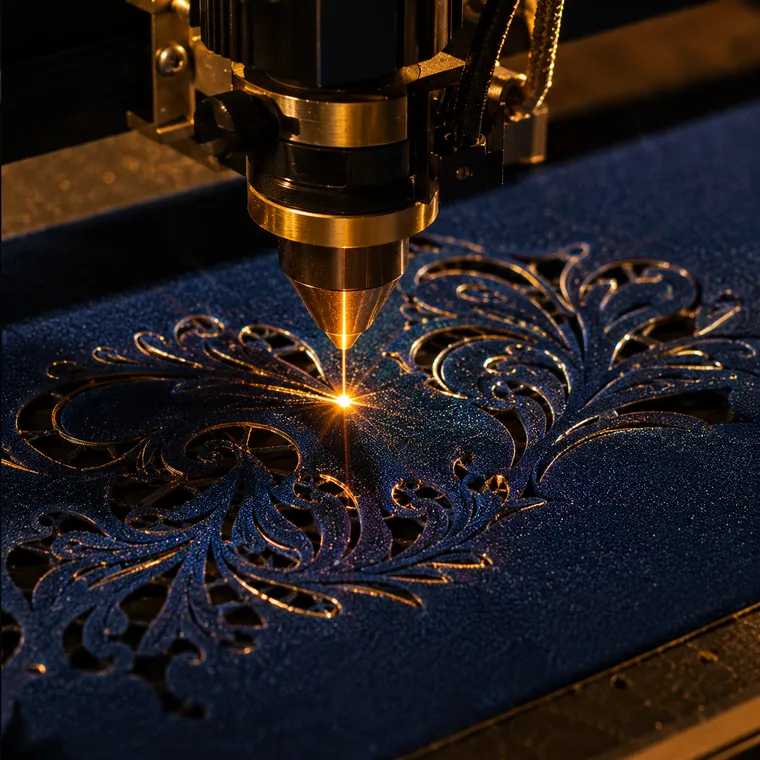 CNC lazer kesim makinesi koyu lacivert kumaşta motif keserken