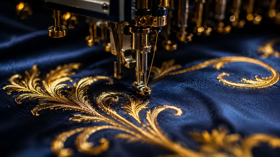 Nakış makinesinde koyu lacivert kumaşa altın iplikle işleme